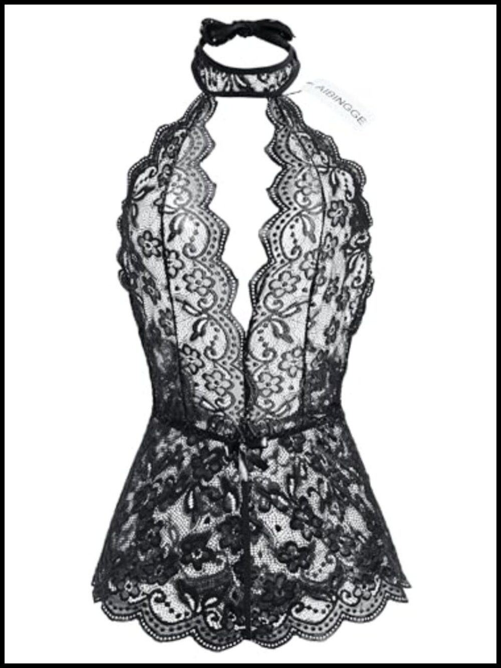 Women's One Piece Lace Lingerie Teddy Halter Neckline Bow Accents Sheer